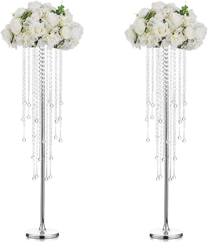 Tall Vases Wedding Centerpieces for Tables - 39.4" Silver Flower Vase with Chandelier Crystal, Centerpiece Table Decorations, Metal Flower Stand for Wedding, Party, Events, Home Decoration, 2 Pcs