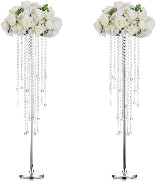 Tall Vases Wedding Centerpieces for Tables - 39.4" Silver Flower Vase with Chandelier Crystal, Centerpiece Table Decorations, Metal Flower Stand for Wedding, Party, Events, Home Decoration, 2 Pcs