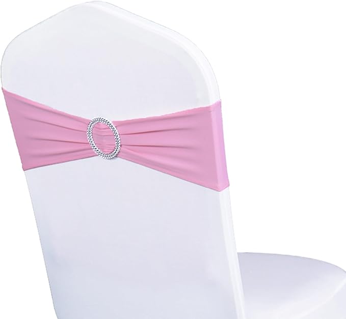 Spandex Pink Chair Sashes 50 Pack Light Pink Chair Bows Bands with Silver Buckle for Wedding Birthday Party Baby Shower Anniversary Engagement Christmas Events Decorations