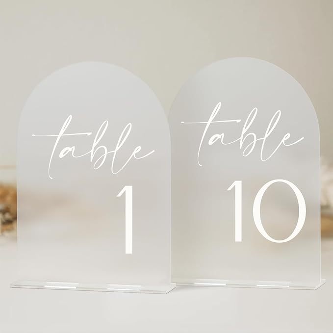 HOODO Frosted Arch Acrylic Wedding Table Numbers 1-10 with Stands, 5"x7" Arched Signs and Holders for Wedding Reception, Party, Anniversary, Event