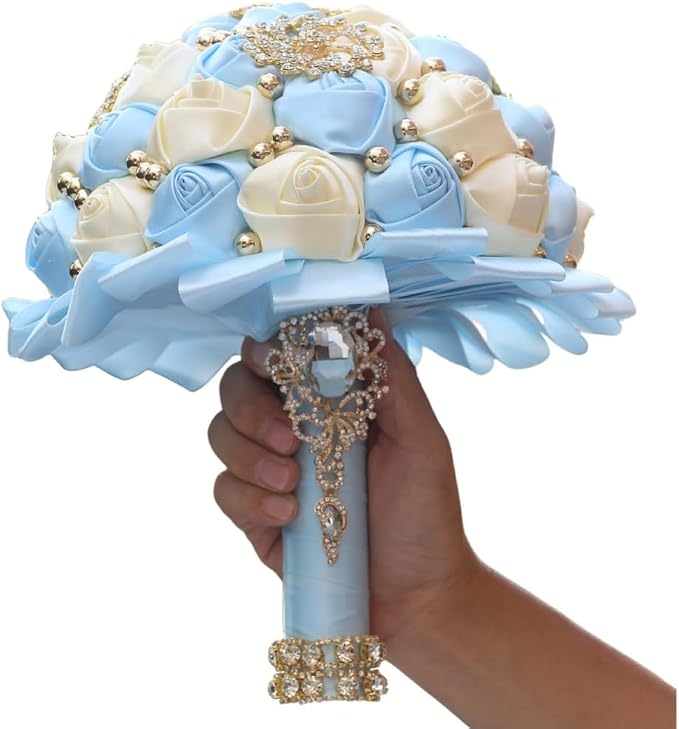 Light Blue Gold Brooch Wedding Bridal Bouquet for Bride Bridesmaid Quinceanera with Bling Rhinestone Pearl Satin Rose Flower Bouquet Wedding Light Blue and Ivory 8.3in