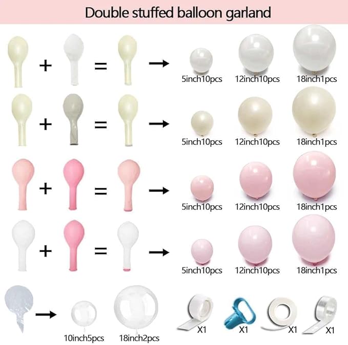 Pink White Balloon Arch Kit with Clear Bobo Balloons, Double Stuffed Baby Pastel Pale Pink Pearl White Cream Balloon Garland for Baby Shower Birthday Bridal Wedding Mother's Day Party Decoration