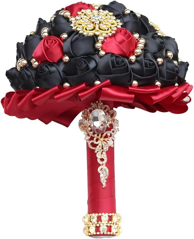 Burgundy and Black Bridal Wedding Bouquet Luxury Gold Rhinestone Brooch Bouquet for Bride Bridesmaid Quinceanera Satin Rose Artificial Flower Bouquet Wedding 9.5in