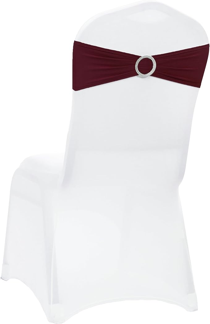 VDS - Burgundy | Spandex Chair Sashes Bows | 150 PCS | Stretch Elastic Banquet Universal Folding Chair Band Tie with Silver Buckle Slider for Wedding Party Conference Celebration Event Decoration
