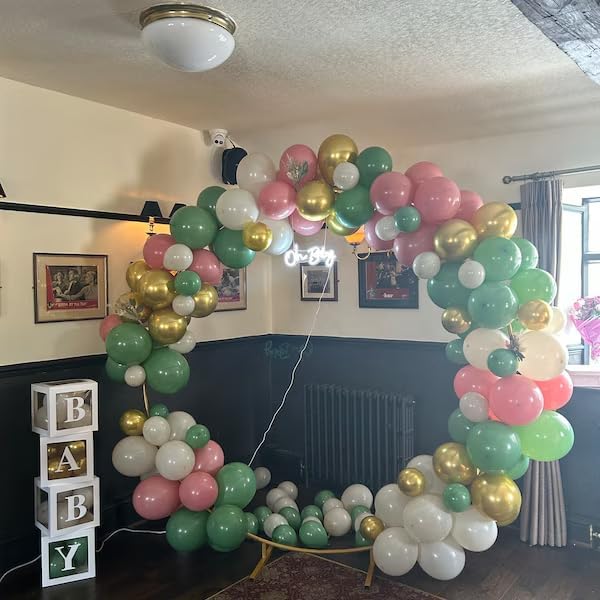 Pink and Green Balloons Arch Double Stuffed, Sage Olive Green Dusty Blush Pink Balloon Garland Yellow Plum Latex Balloon Different Sizes for Fairy Floral Wildflower Tropical Birthday Party Decorations