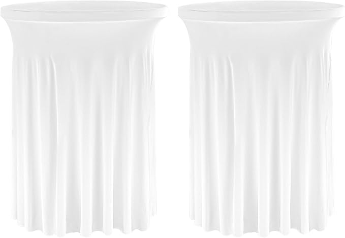 Fivenl 2 Pack Spandex Cocktail Table Skirt 32"x 43" White Stretch Cocktail Table Cover, Washable Round High Top Tablecloth for Bar, Wedding, Party, Events (White)