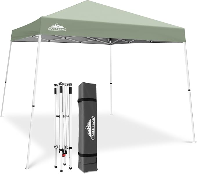 EAGLE PEAK 10x10 Slant Leg Pop-up Canopy Tent Easy One Person Setup Instant Outdoor Beach Canopy Folding Portable Sports Shelter 10x10 Base 8x8 Top (Sage Green)