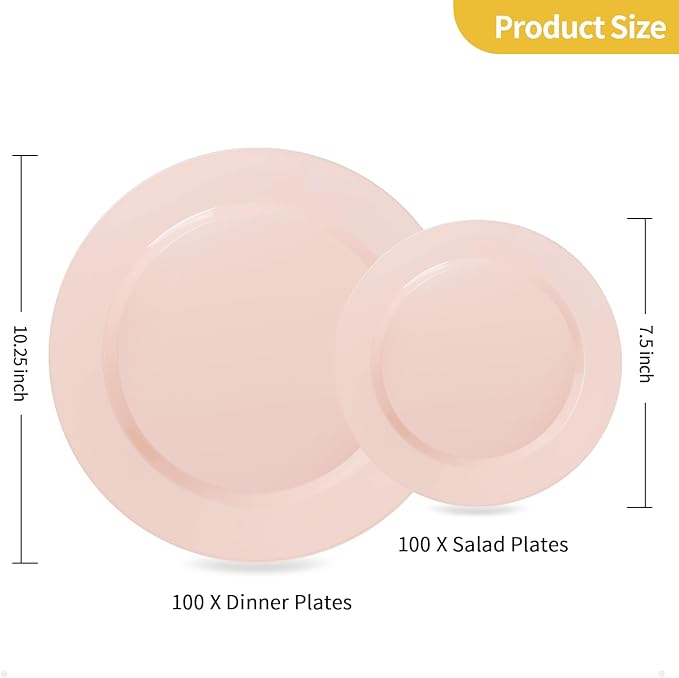 Goodluck 200PCS Disposable Pink Plastic Plates, Heavy Duty Disposable with 100 10.25 inch and 100 7.5 inch Dessert Plates for Party, Wedding, Baby Shower