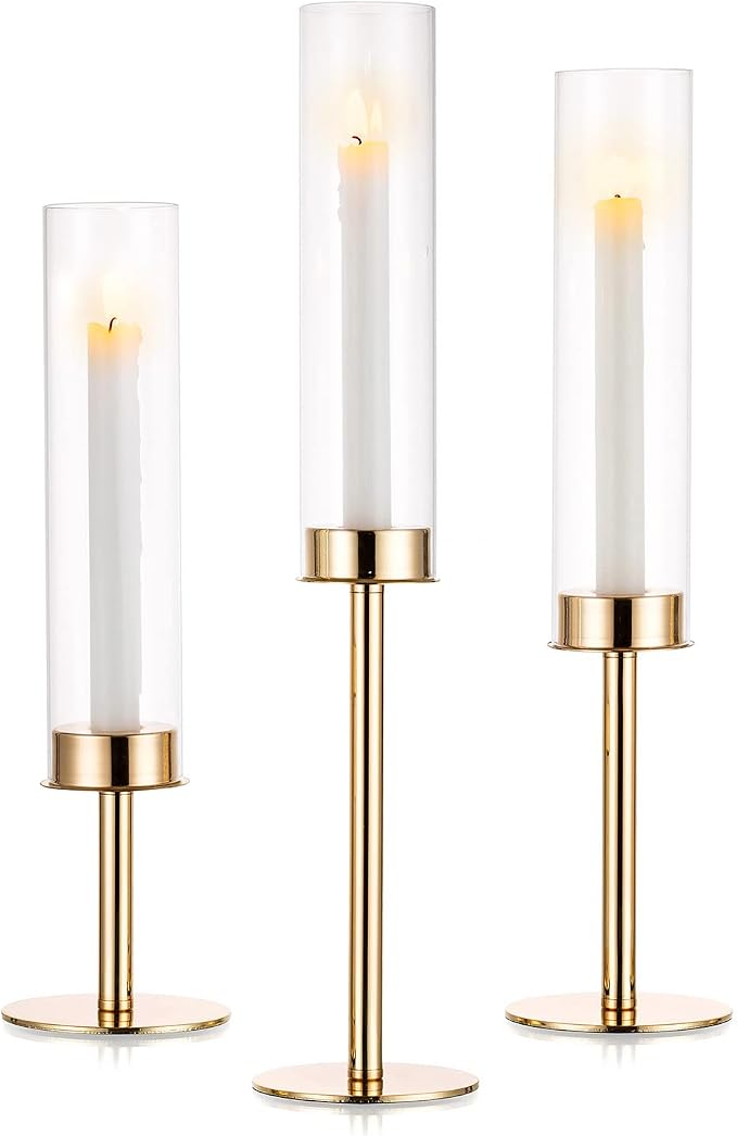 Nuptio Gold Candlestick Holder Tall Hurricane Candle Holder Set of 3 Taper Candle Holders Candle Stand Glass Cover Candlesticks Holders Table Centerpiece for Wedding Party Birthday Christmas Decor