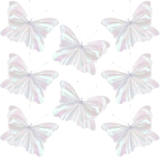 UNICRAFTALE 8 Pcs Iridescent White Giant Butterfly Decorations 3D Gauze Butterflies with Pre Bent Wire Frame for Wedding Backdrop Bedroom Wall Ceiling Party Photo Prop 15.4x10.6 Inch