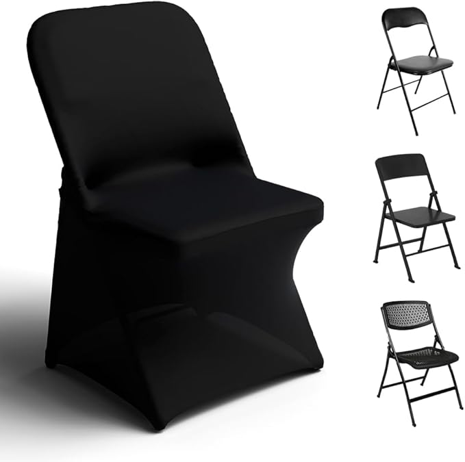 Trlyc Spandex Folding Chair Covers 30 Pcs Universal Fitted Stretchy Dining Chair Slipcovers for Wedding Party Banquet Flat-Front Chair Cover (Black)