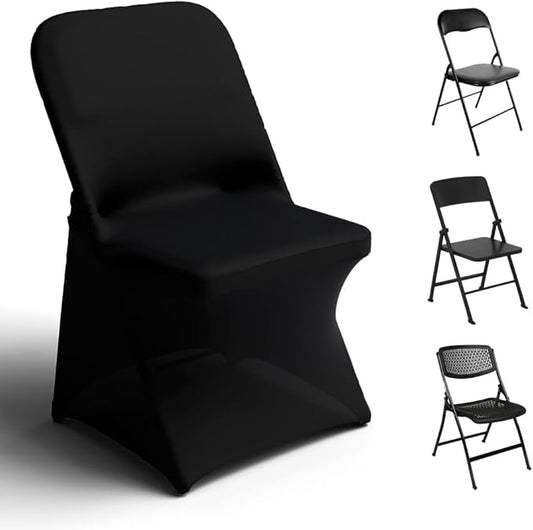 Trlyc Spandex Folding Chair Covers 30 Pcs Universal Fitted Stretchy Dining Chair Slipcovers for Wedding Party Banquet Flat-Front Chair Cover (Black)