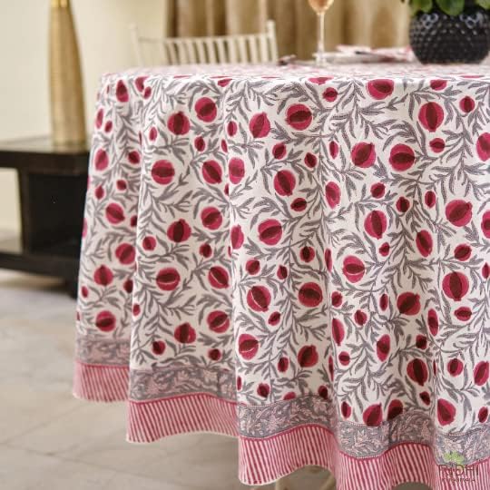Ridhi Round Tablecloth Hand Block Print 100% Cotton Reusable Sangria Red 132 Inch Table Cover Decorative Everyday Use for Dining, Home, Party, Wedding, Farmhouse, Party Gift for Spring, Mother's Day