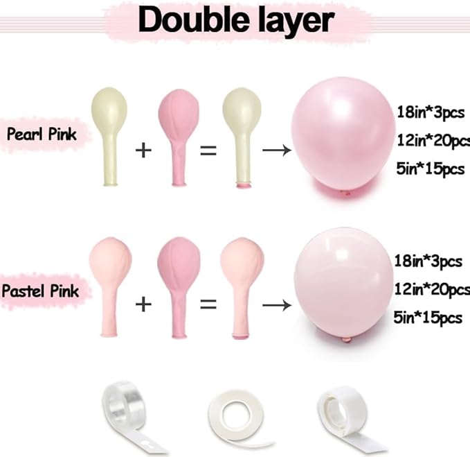 Pearl Pink Balloon Arch Kit Double Stuffed Light Pastel Pale Pink Balloons Different Sizes 18/12/10/5 inch Balloon Garland for Birthday Baby Shower Wedding Bridal Shower Mother's Day Party Decorations