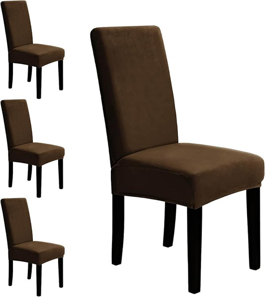 MOSAYT Velvet Stretch Chair Covers for Dining Room Set of 4 - Soft Slipcovers with Thick Removable Fabric for Parsons Chairs, Washable Seat Protectors for Kitchen, Banquet & Home Decor, Coffee