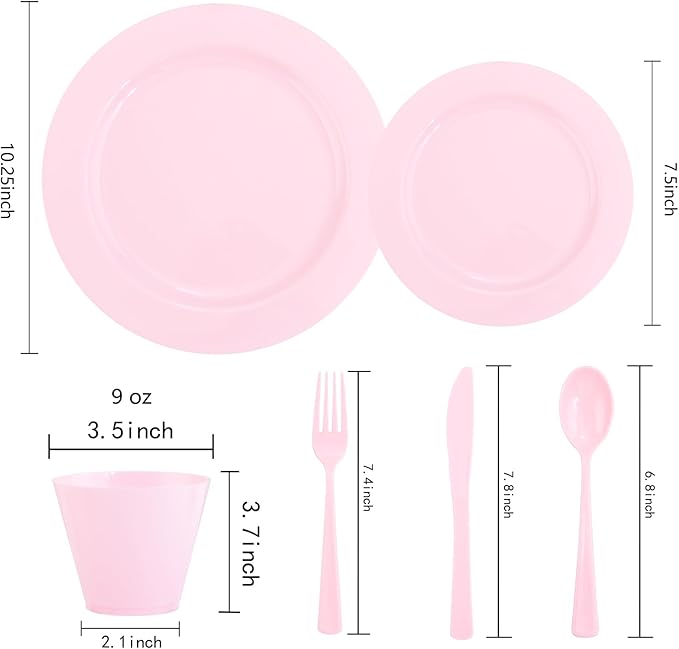 KIRE 150 Pieces Pink Plastic Plates Disposable - Pink Dinnerware Set Include 25 Dinner & 25 Salad Plates 25 Forks 25 Knives 25 Spoons 25 Cups for Baby Shower/Bridal Shower/Mother's Day