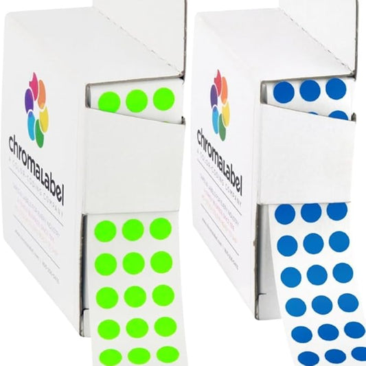 ChromaLabel 1/4 Inch Circle Sticker Labels, Dot Stickers with Handy Dispenser, Fluorescent Adhesive Dots for Color Coding - 1000 Sticky Dots per Dispenser Box, Fluorescent Green and Dark Blue Labels