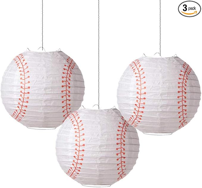Easy Joy 8'' Baseball Paper Lanterns Sports Team Party Baseball Hanging Lantern Softball Party Decorations 3 Pieces