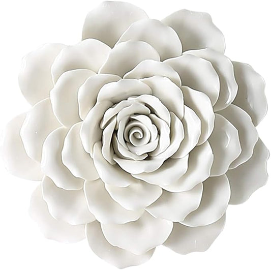 Rose Ceramic Flower Wall Décor Artificial 3D Flower Wall Art for Living Room Home Hallway Bedroom Kitchen Farmhouse Bathroom Dining Room, White, 7.08 inch