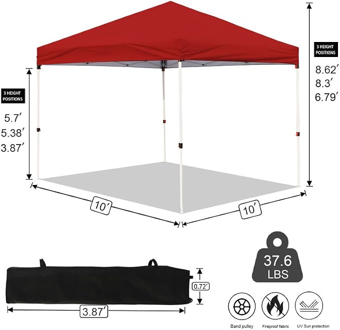 Northroad 10x10ft Pop Up Canopy, Popup Outdoor Canopy Tent with Wheeled Carrying Bag,Portable Gazebo Shelter for Patio,Deck,Garden,Beach（Red）