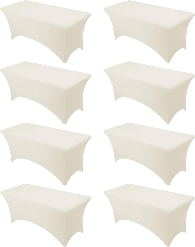 8-Pack Premium Cream Spandex Tablecloths for 6ft Rectangle Tables, Stain & Wrinkle-Resistant, Washable Stretch Polyester Fitted Table Cover for Weddings, Banquets, Trade Shows Events