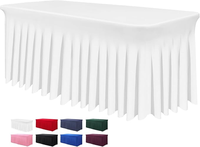 BDDC One-Piece Spandex Table Cover Skirt for 4FT Rectangle Tables | GRS-Certified Eco-Friendly Fabric, Elastic Fitted Ruffle Tablecloth, Washable, For Banquets, Weddings & Parties
