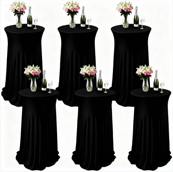 6 Pcs Black Spandex Stretch Round Cocktail Table Skirt, 32x43 Inch High Top Table Covers, Fitted Table Cloths for Wedding, Bar, Banquet, Party Decor & Event Supplies