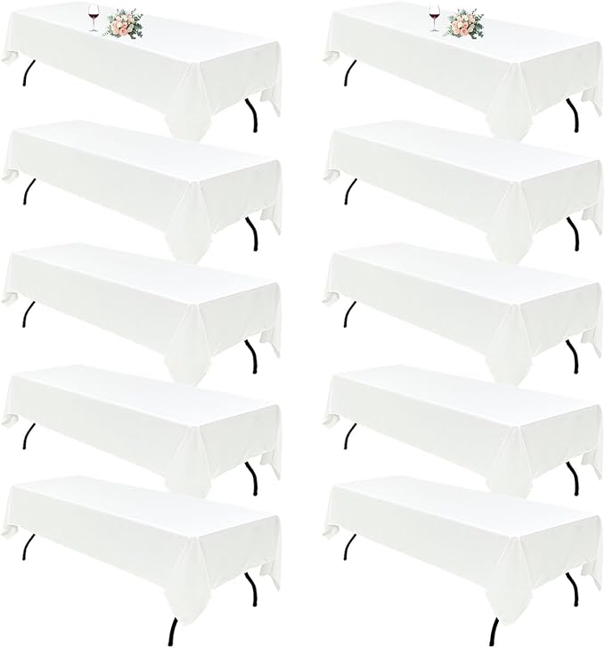 10Pack White Table Cloths for 8 Foot Rectangle Tables 60 x 126 Inch, 8FT White Tablecloth Rectangle Bulk Linen Polyester Fabric Washable Cloth Cover for Wedding Reception Banquet Birthday Party