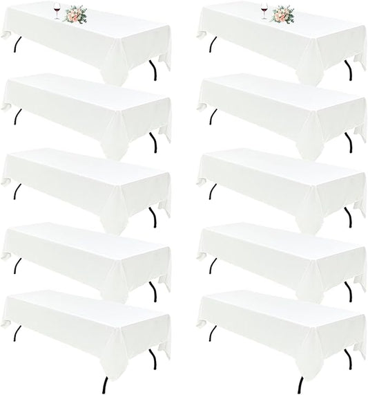 10Pack White Table Cloths for 8 Foot Rectangle Tables 60 x 126 Inch, 8FT White Tablecloth Rectangle Bulk Linen Polyester Fabric Washable Cloth Cover for Wedding Reception Banquet Birthday Party