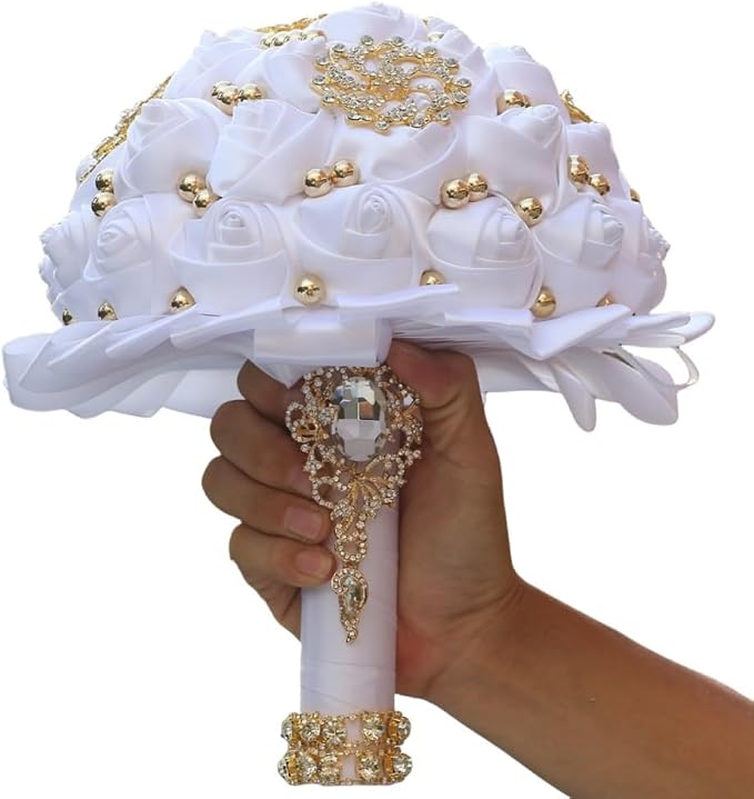 White Wedding Bridal Bouquet with Gold Brooch Bling Rhinestone Pearl Satin Rose Flower Bouquet for Bride Bridesmaid Quinceanera Wedding White 7.1in