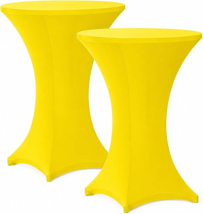 Cocktail Table Covers - 2 Pack 32x43 Inch Table Cloth - Yellow Fitted Stretch Spandex Round High Top Tablecloth for Party, Bar, Birthday, Pub, Banquet