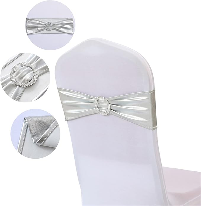 Spandex Chair Sashes Bands 100PCS Stretch Chair Cover Ties Bows with Buckle Slider Wedding Party Reception Banquet Decoration (Metallic - Silver)