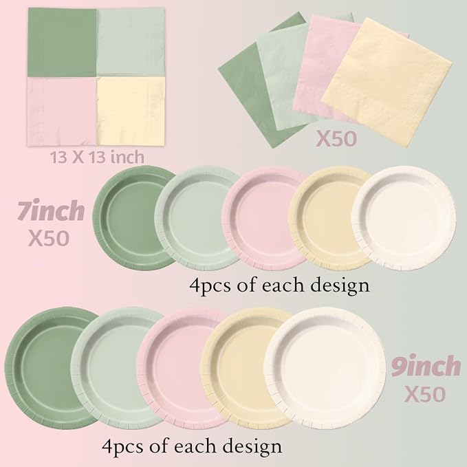 CMUSKO 150Pcs Dusty Pink Sage Green Plates and Napkins - Pink and Green Birthday Decorations Spring Tableware Serves 50 for Baby Shower, Bridal Shower, Wedding