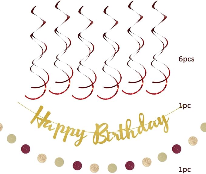 Burgundy Birthday Decorations for Women Maroon and Gold Party Decorations Tissue Paper Pom Poms Paper Fans Lanterns Maroon Birthday Decorations with Happy Birthday Banner Gold Circle Garland