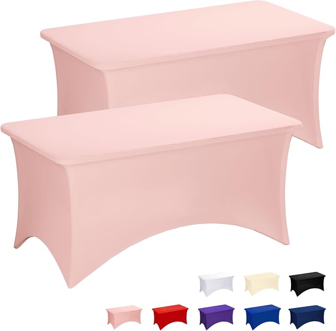 Fixwal Light Pink Stretch Table Cloth Rectangle 2 Pack 4Ft, Spandex Fitted Table Covers Washable for Party, Trade Show, Banquet, Wedding, Buffet
