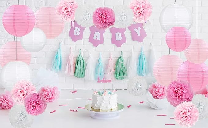 Celehappy Pink Paper Lanterns Decoration Tissue Paper Pom Poms Paper Flower 18pcs Party Decorations for Baby Shower Wedding Valentine Birthday Party - Hot Pink/Pink/White