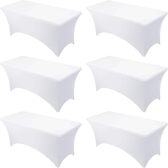 6-Pack Premium White Spandex Tablecloths for 6ft Rectangle Tables, Stain & Wrinkle-Resistant, Washable Stretch Polyester Fitted Table Cover for Weddings, Banquets, Trade Shows Events