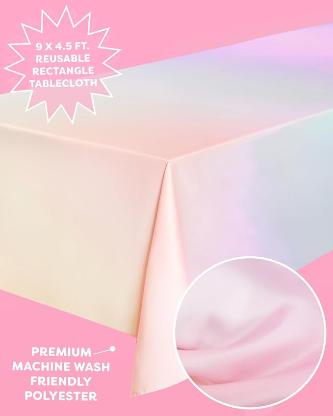 xo, Fetti Pastel Gradient Washable Tablecloth - 9 ft. | Birthday Party Decorations, Bachelorette Party Supplies, Rainbow Baby Shower, Pastel Preppy, Tableware