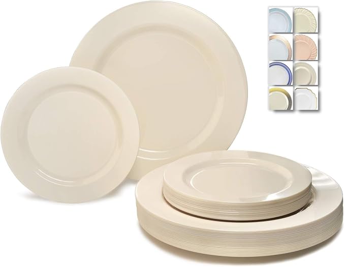 OCCASIONS 50 Ivory Disposable Plastic Plates for 25 Guests, Heavy Duty Fancy Wedding Party Dinner & Salad/Dessert Set - 25x10.5" + 25x7.5", Elegant China-Like Look, BPA Free & Recyclable (Plain Ivory)