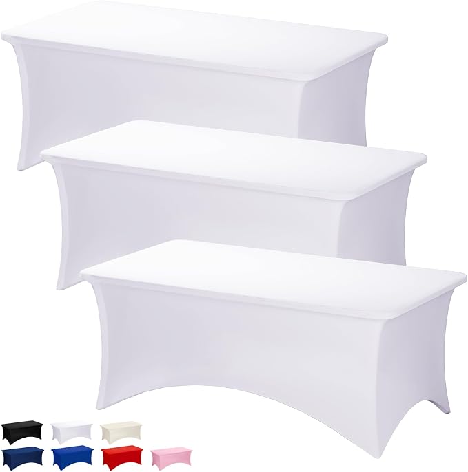 Fixwal 3 Pack White Tablecloth Rectangle 8Ft, Stretch Spandex Fitted Table Cover for Party, Trade Show, Wedding, Buffet, Graduation, Vendor Stand