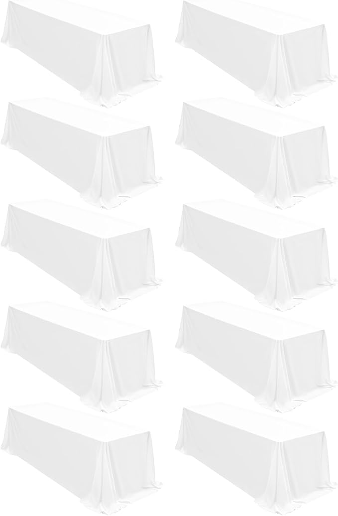 10 Packs Tablecloth 90 x 156 Inch, White Polyester Table Cloth for 8ft Rectangle Tables, Stain and Wrinkle Resistant Washable Fabric Table Cover for Wedding Banquets Parties Buffet Dining Table