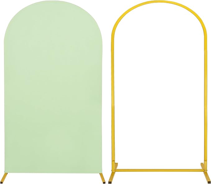 Metal Arch Stand and Cover Set,1 Sage Green Spandex Fitted Backdrop with 1 Gold Wedding Arched Stand Frame for Parties Birthday Baby Shower Bridal Banquet Decoration (7.2FT)