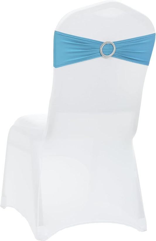VDS - Blue | Spandex Chair Sashes Bows | 300 PCS | Stretch Elastic Banquet Universal Folding Chair Band Tie with Silver Buckle Slider for Wedding Party Conference Celebration Event Decoration