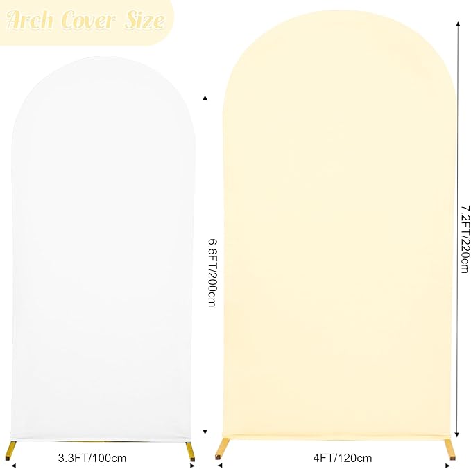 Chiara Arch Backdrop Stand - Spandex Fitted Wedding Arch Cover - Round Top, Set of 2 - White, 6.6 FT; Beige, 7.2 FT