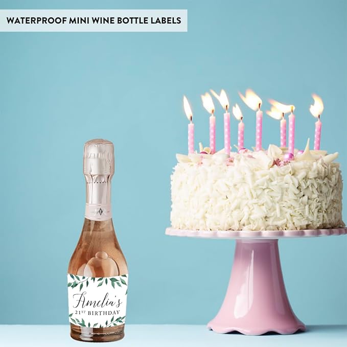 Andaz Press Personalized Birthday Mini Wine Labels for Bottles, Greenery Green Leaves 20-Pack Custom Mini Champagne Bottles Bulk Waterproof Mini Wine Bottle Labels Party Favors Adults Birthday