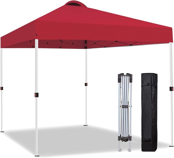 10x10 Pop Up Canopy Tent, Instant Folding Outdoor Shelter with High Strength Steel Frame and Handheld Carry Bag, Ground Stakes and Wind Ropes for Backyard Party, Camping, Beach Events, Red