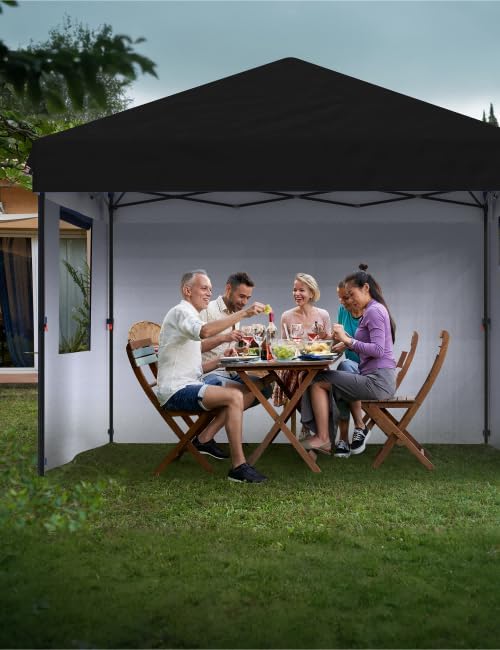 10x10 Pop Up Canopy with Removable 4 Sidewalls - Easy Up Camping Tent with One Button Push Setup - 1 Roller Bag, 3 Adjustable Height, 4 Weight Bags for Deck, Garden, Sports, Beach, Party - Black