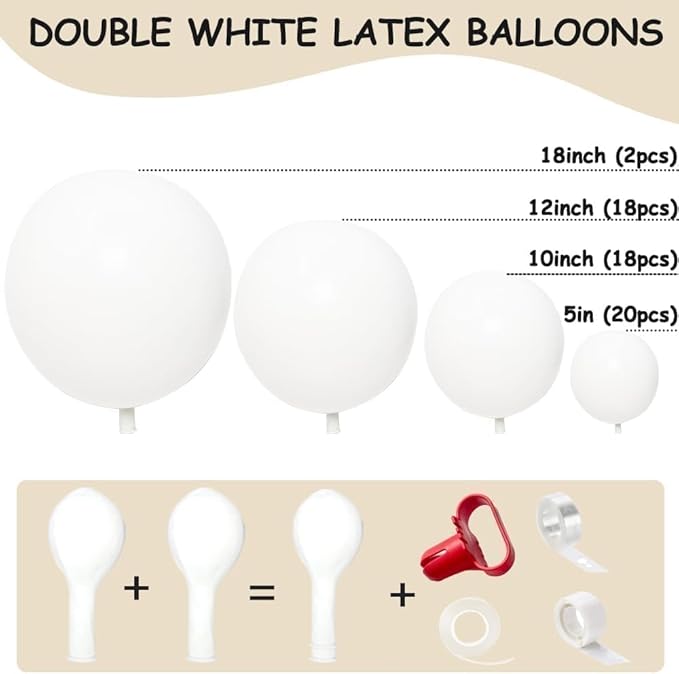 White Balloon Arch Garland Kit Double Stuffed White Balloons Different Sizes Latex for Birthday Baby Shower Wedding Bridal Shower Valentine's Day Engagement Anniversary Party Decorations