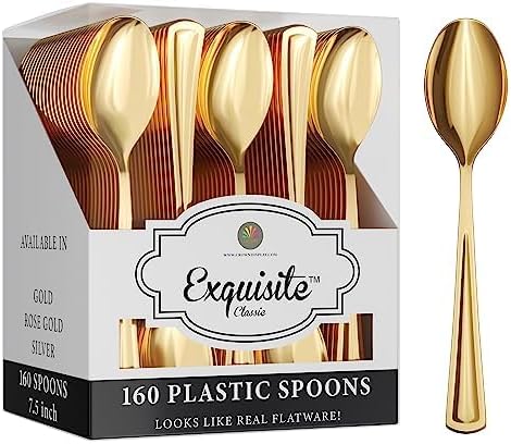 Exquisite Gold Plastic Tea Spoons Heavy Duty 160 Pieces Gold Plastic Silverware Heavy Duty Disposable Silverware Set, Disposable Tea Spoons Eating Utensils Sets Flatware Set For Parties & Events