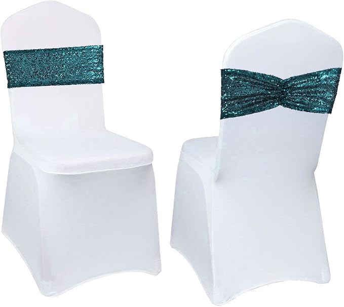 Eternal Beauty 50 Pack Sequin Chair Sashes Glitter Band Teal Chair Sashes for Wedding Cover Decoration